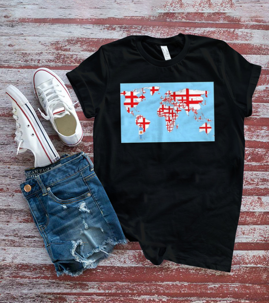 World Map With England Cross And Argentina Flag T-Shirt