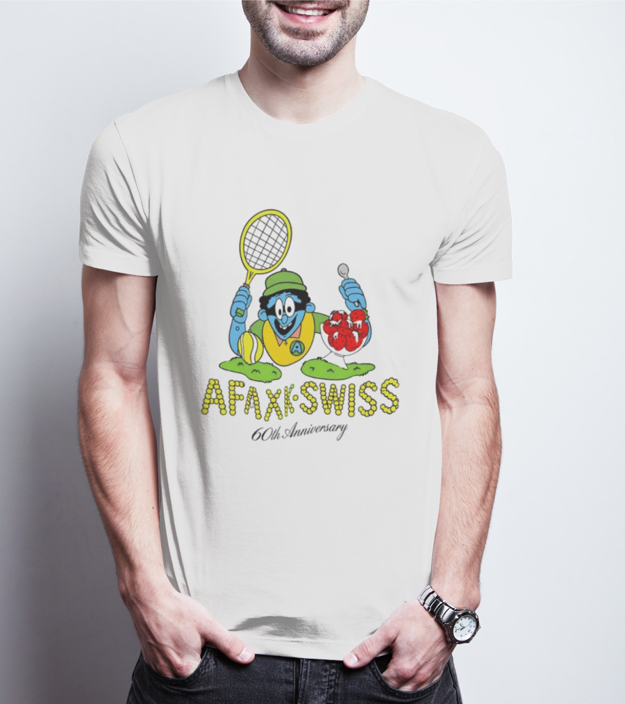 AFAXK Swiss 60th Anniversary Tennis Racket And Strawberry Ice Cream Celebration T-Shirt