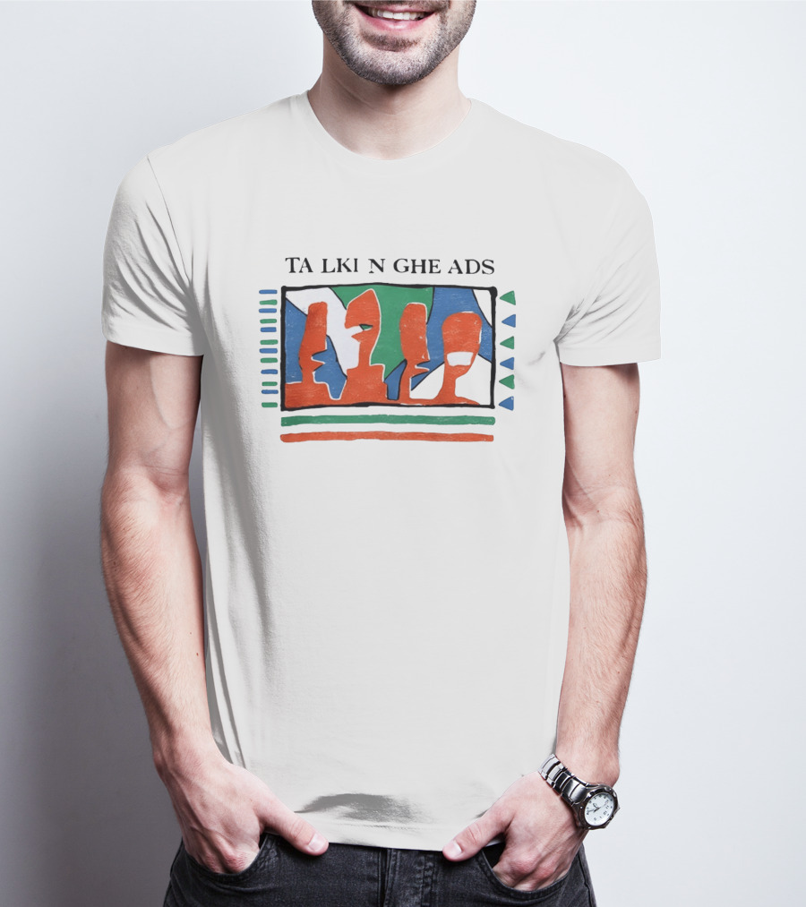 TA LKI N GHE ADS Bold Abstract Faces With Blue Green Accents T-Shirt