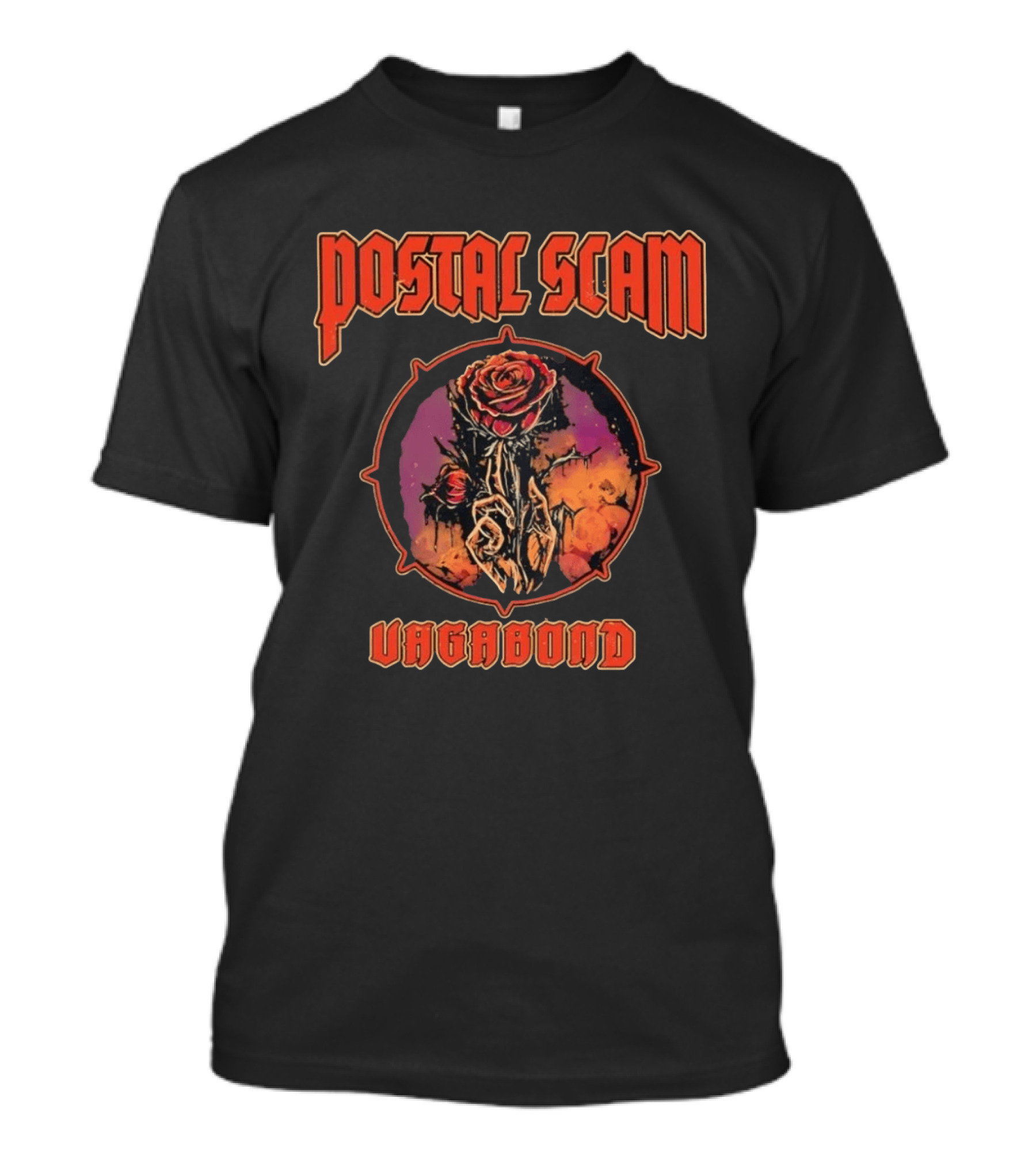 Postal Scam Vagabond Rose Skull Skeleton Hand Heavy Metal T-Shirt