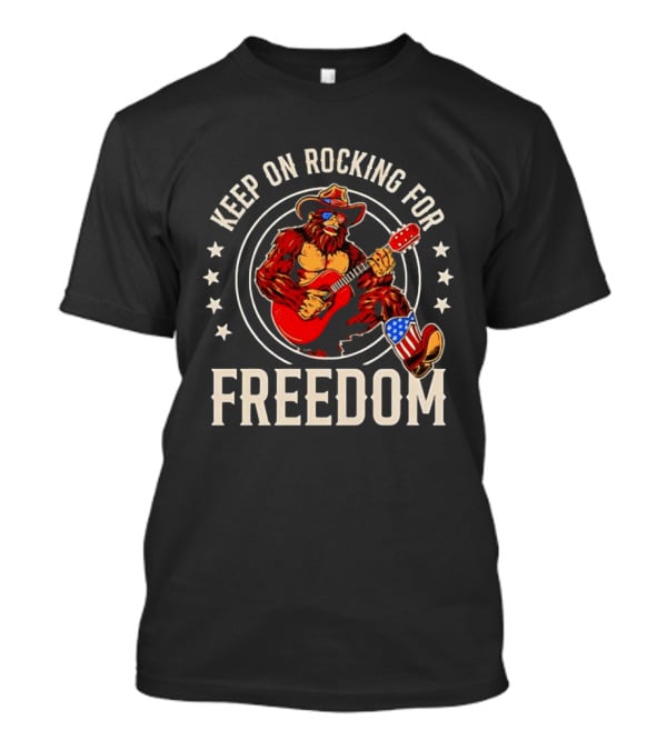 Keep On Rocking For Freedom Bigfoot Sasquatch American Flag Patriotic Guitar T-Shirt