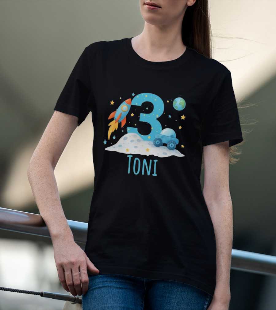 3rd Birthday Space Rocket Planet Personalized Toni T-Shirt