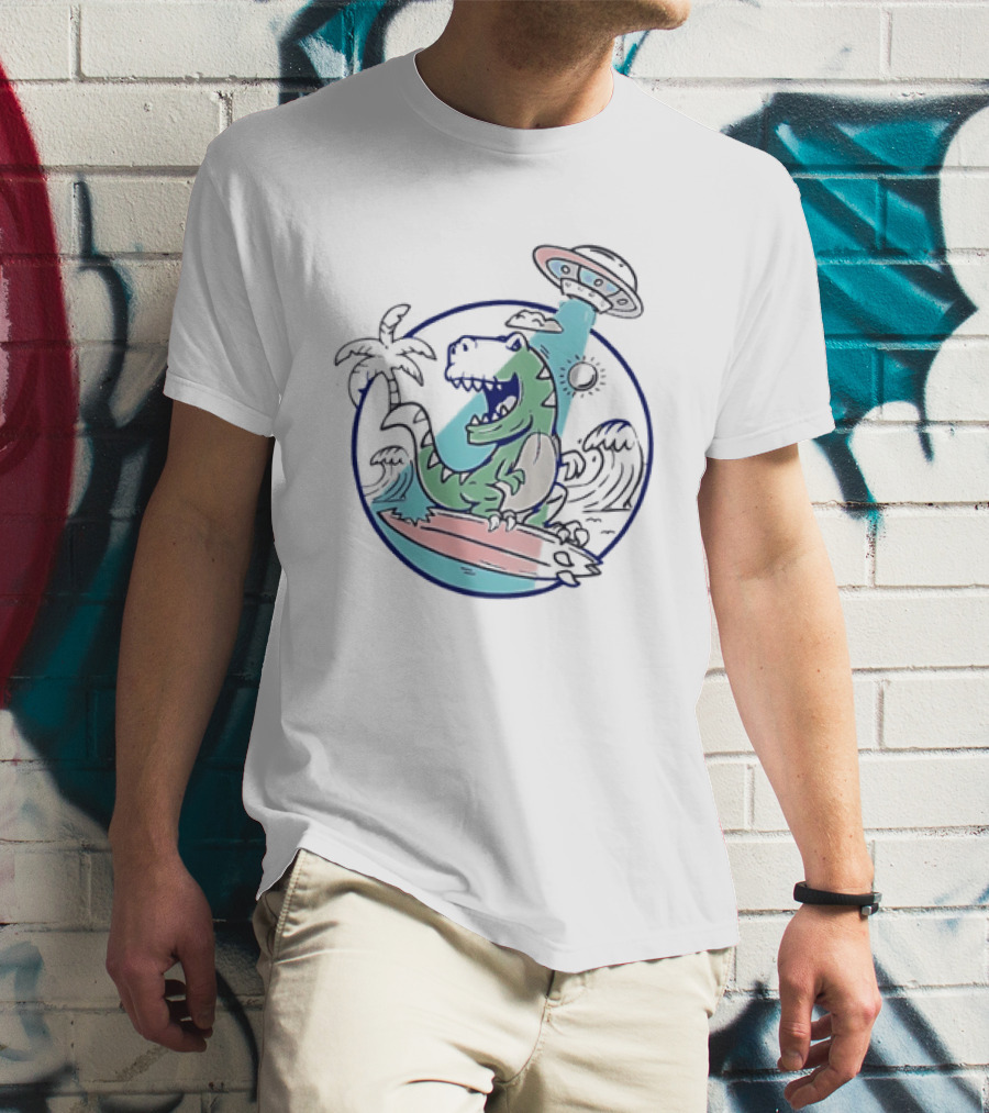 UFO Surfing Dinosaur With Palm Trees And Waves T-Shirt