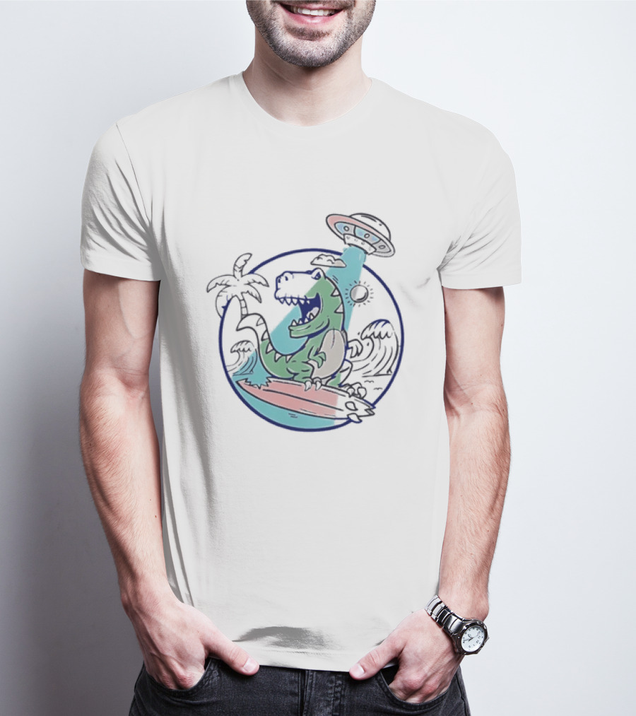 UFO Surfing Dinosaur With Palm Trees And Waves T-Shirt