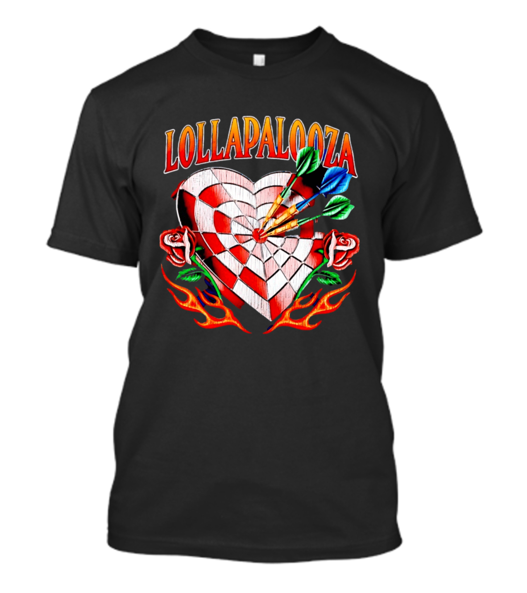 Lollapalooza Heart Dartboard With Roses And Flames T-Shirt