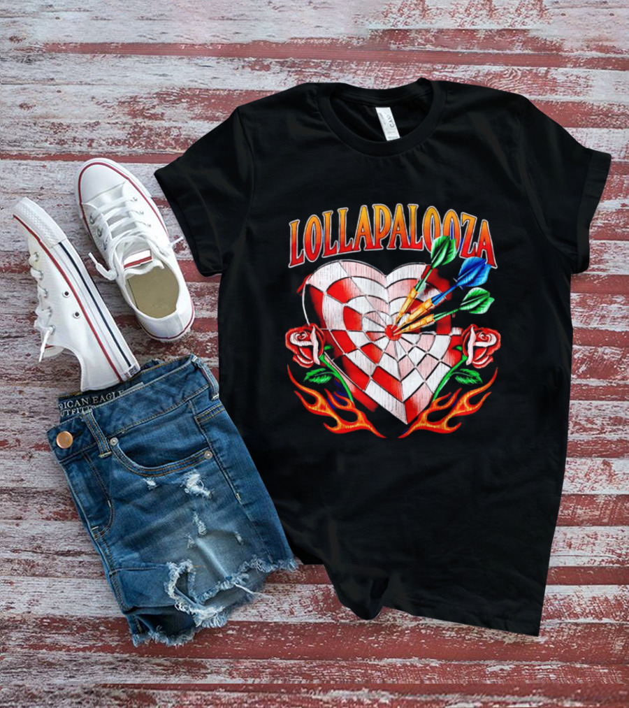 Lollapalooza Heart Dartboard With Roses And Flames T-Shirt