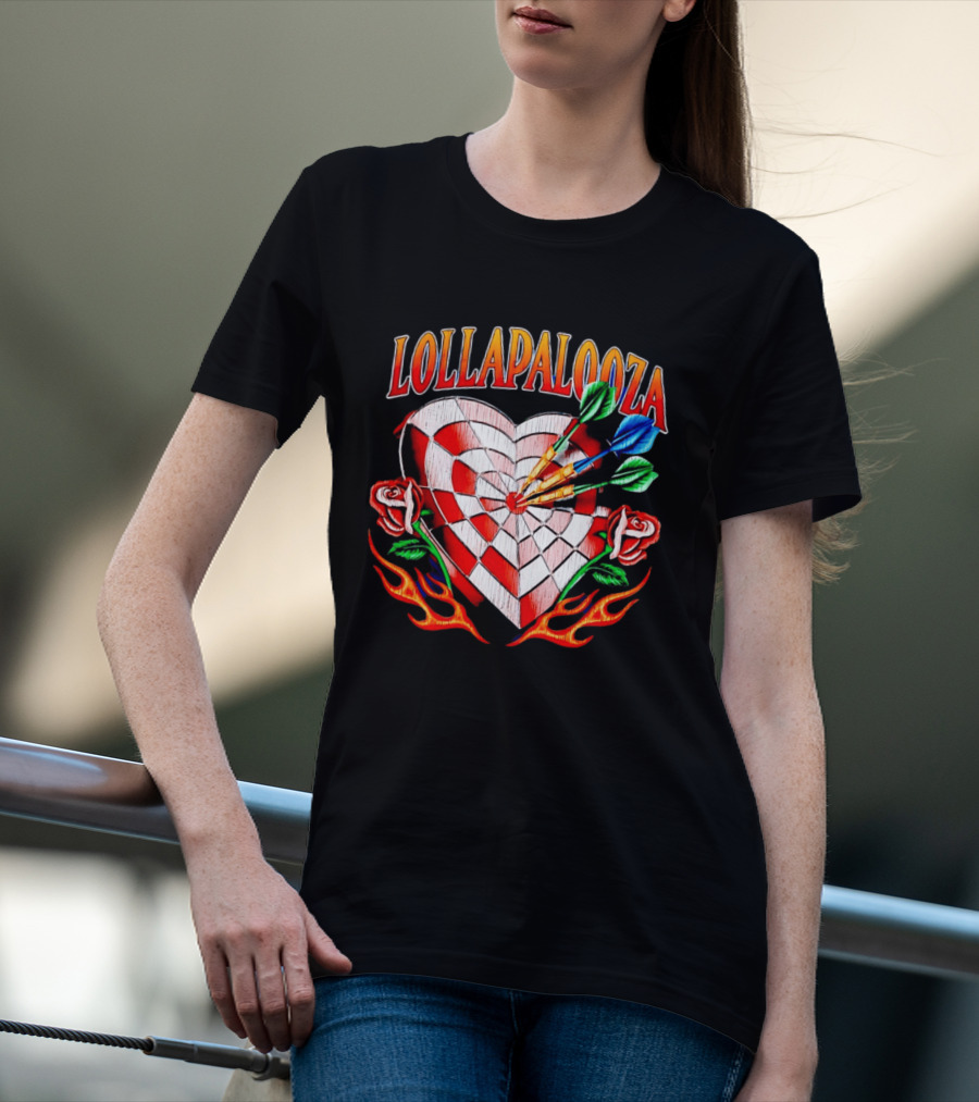 Lollapalooza Heart Dartboard With Roses And Flames T-Shirt