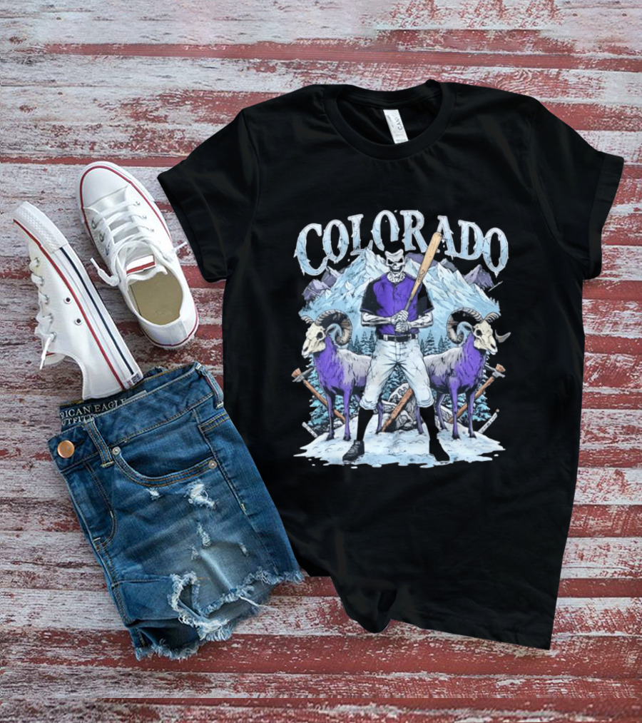Colorado Skeleton Batter Mountain Ram Scene T-Shirt