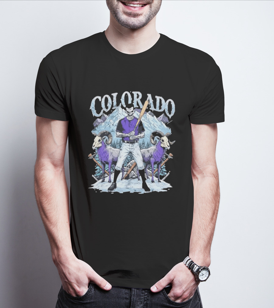 Colorado Skeleton Batter Mountain Ram Scene T-Shirt