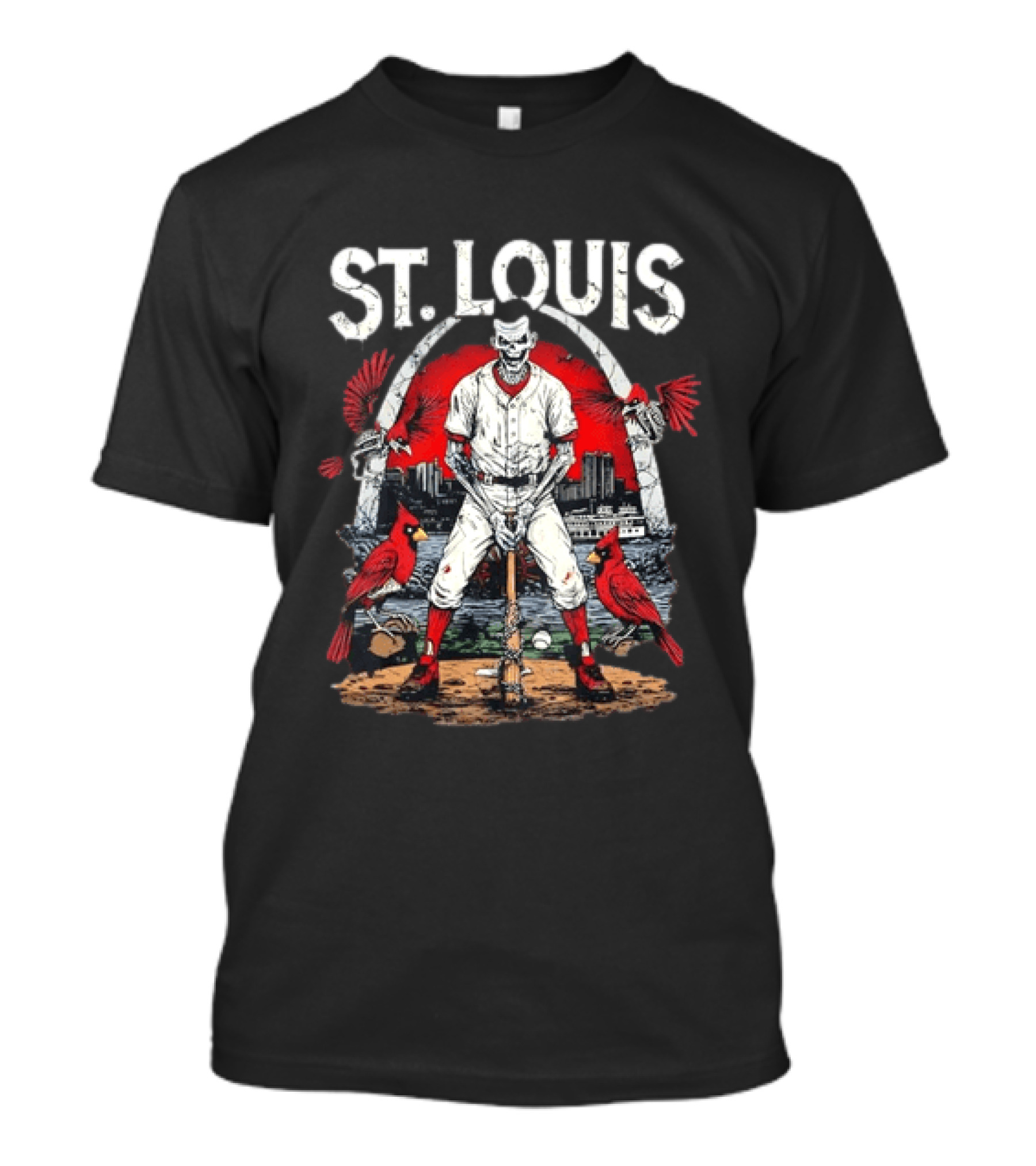 St. Louis Baseball Skeleton With Cardinals And Arch T-Shirt