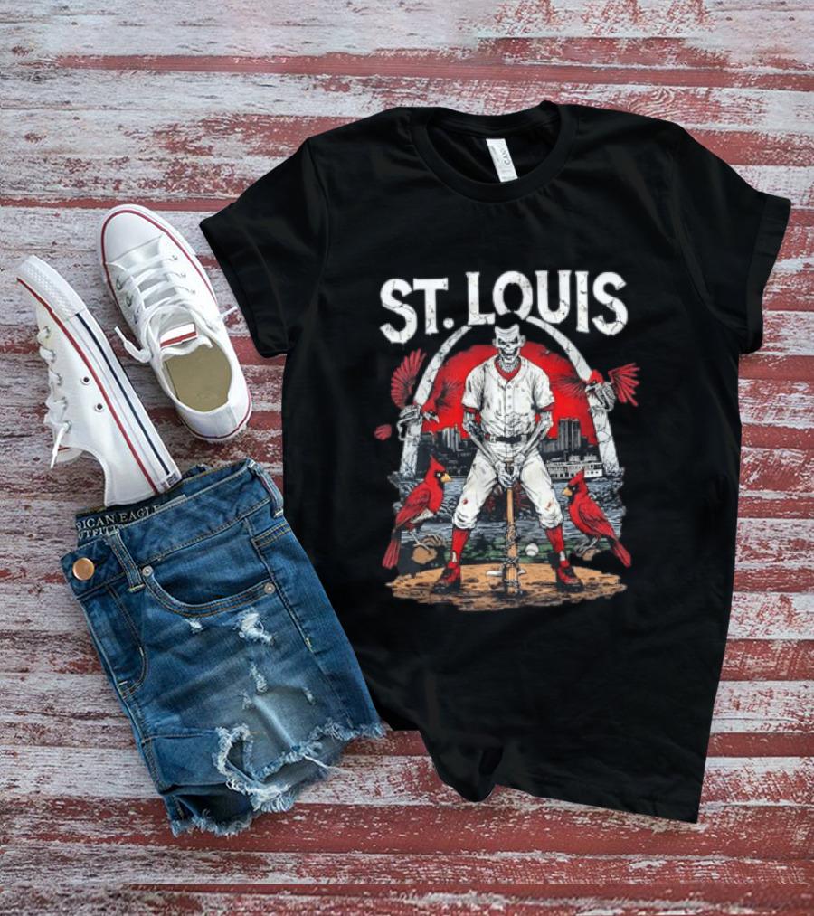St. Louis Baseball Skeleton With Cardinals And Arch T-Shirt