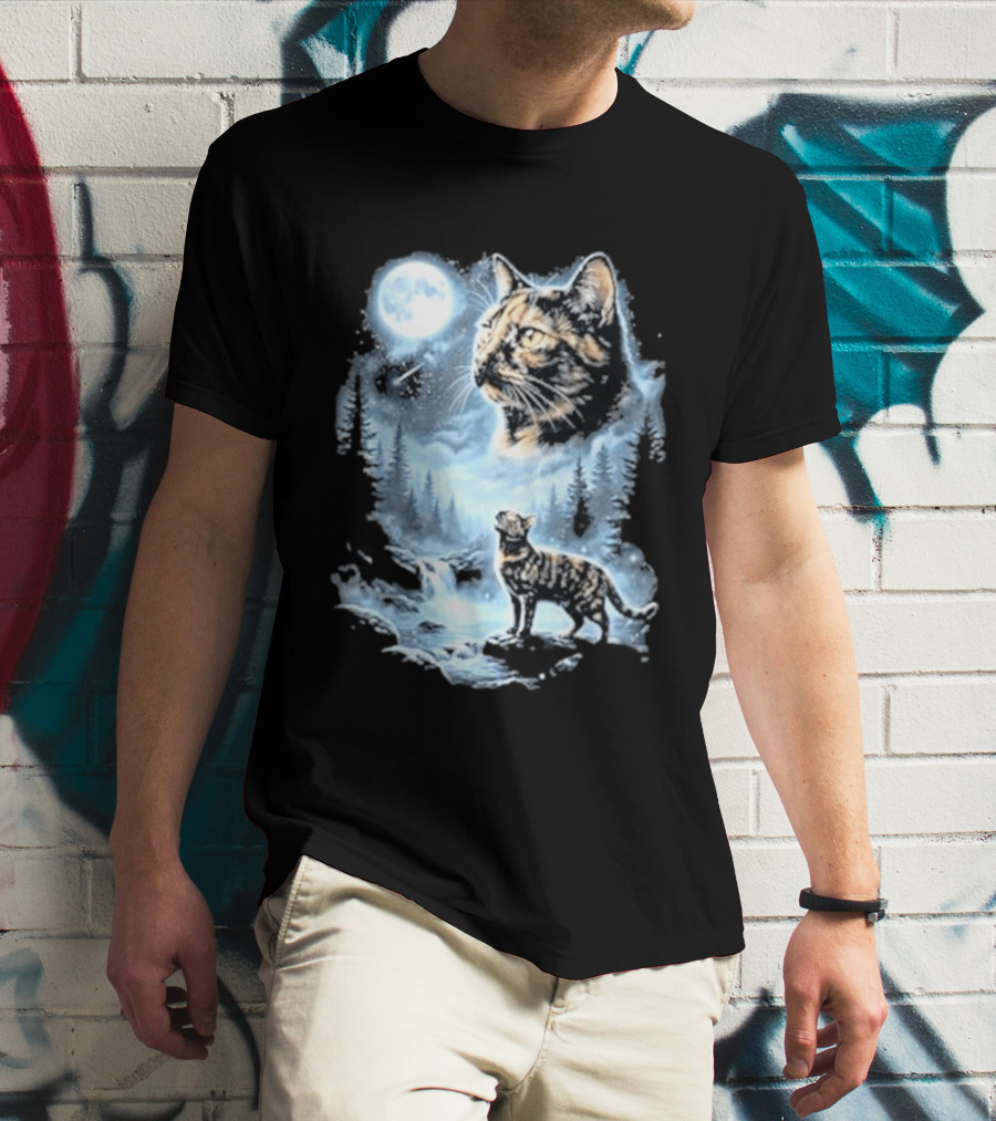 Tabby Cat Howling To The Moon Halloween Forest Scene T-Shirt