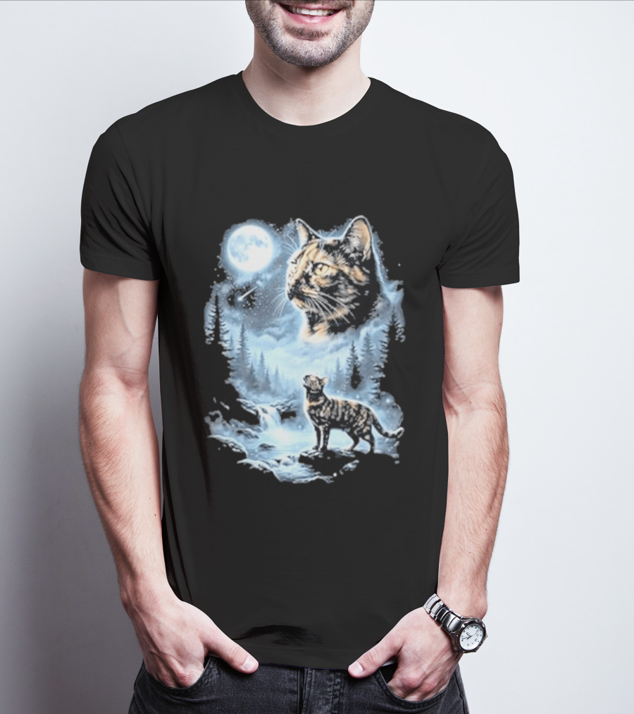 Tabby Cat Howling To The Moon Halloween Forest Scene T-Shirt