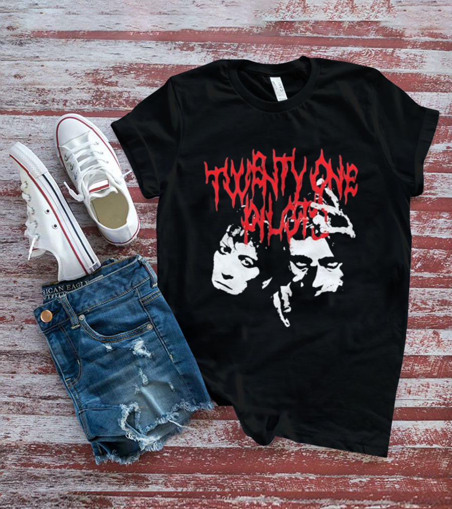 Twenty One Pilots Red Text Band Members Faces Dark Metal T-Shirt