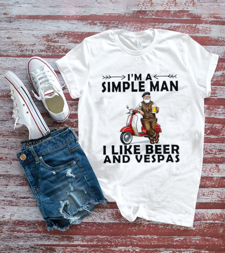 I'm A Simple Man I Like Beer And Vespas Man With Beer And Scooter T-Shirt