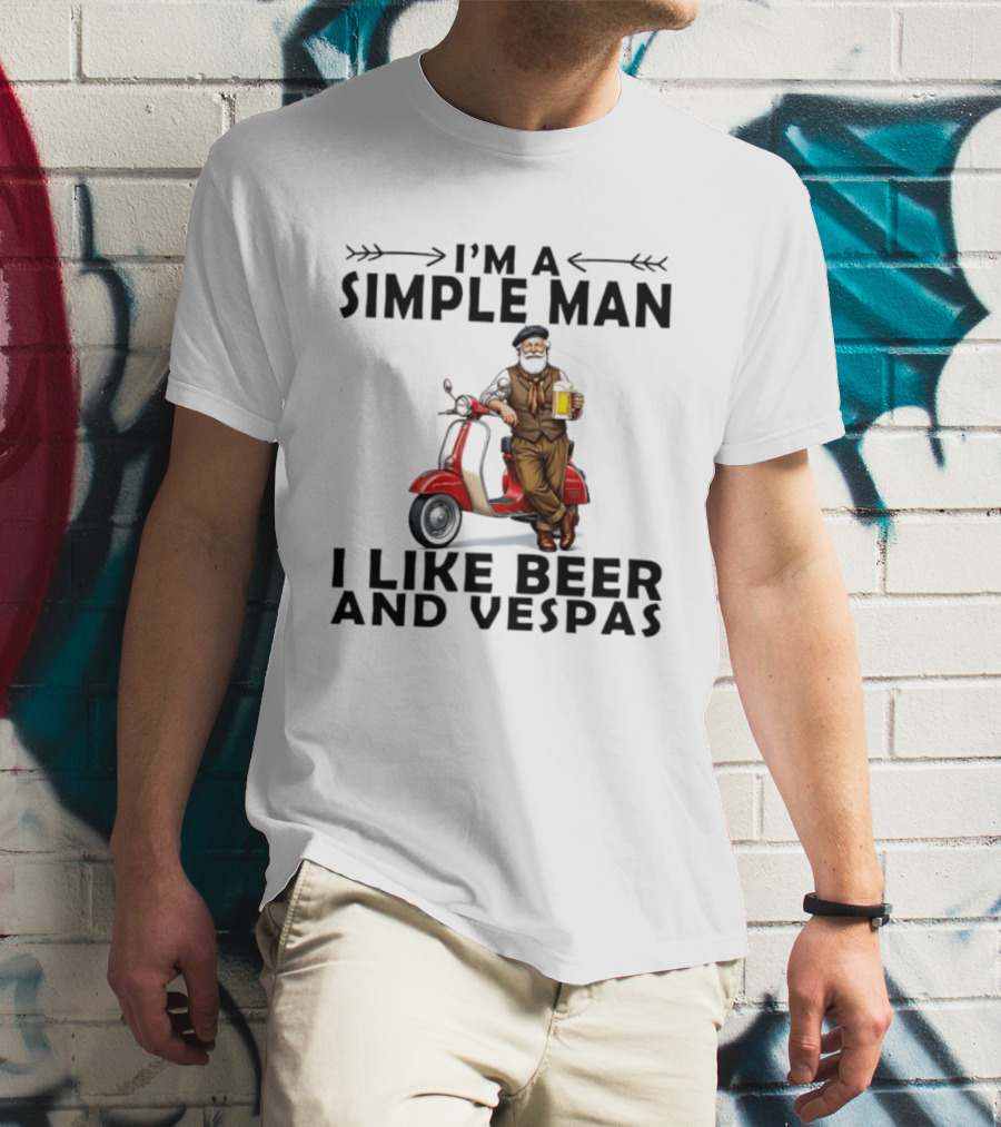 I'm A Simple Man I Like Beer And Vespas Man With Beer And Scooter T-Shirt