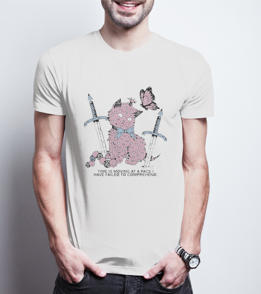 Pink Cat Butterfly Swords Time Is Moving At A Pace I Have Failed To Comprehend T-Shirt