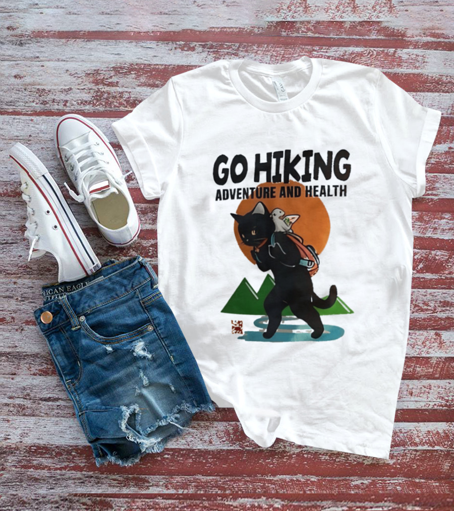 Go Hiking Adventure And Health Black Cat With Backpack And Bird T-Shirt