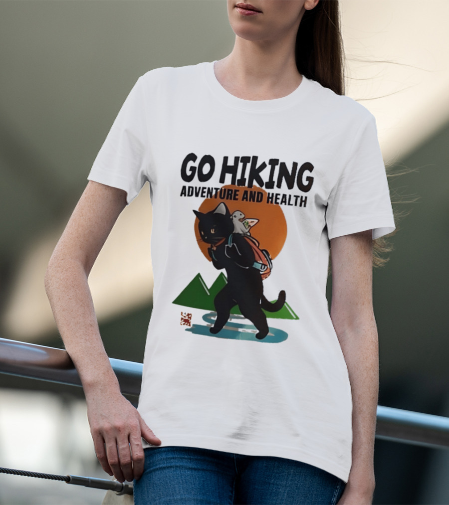Go Hiking Adventure And Health Black Cat With Backpack And Bird T-Shirt