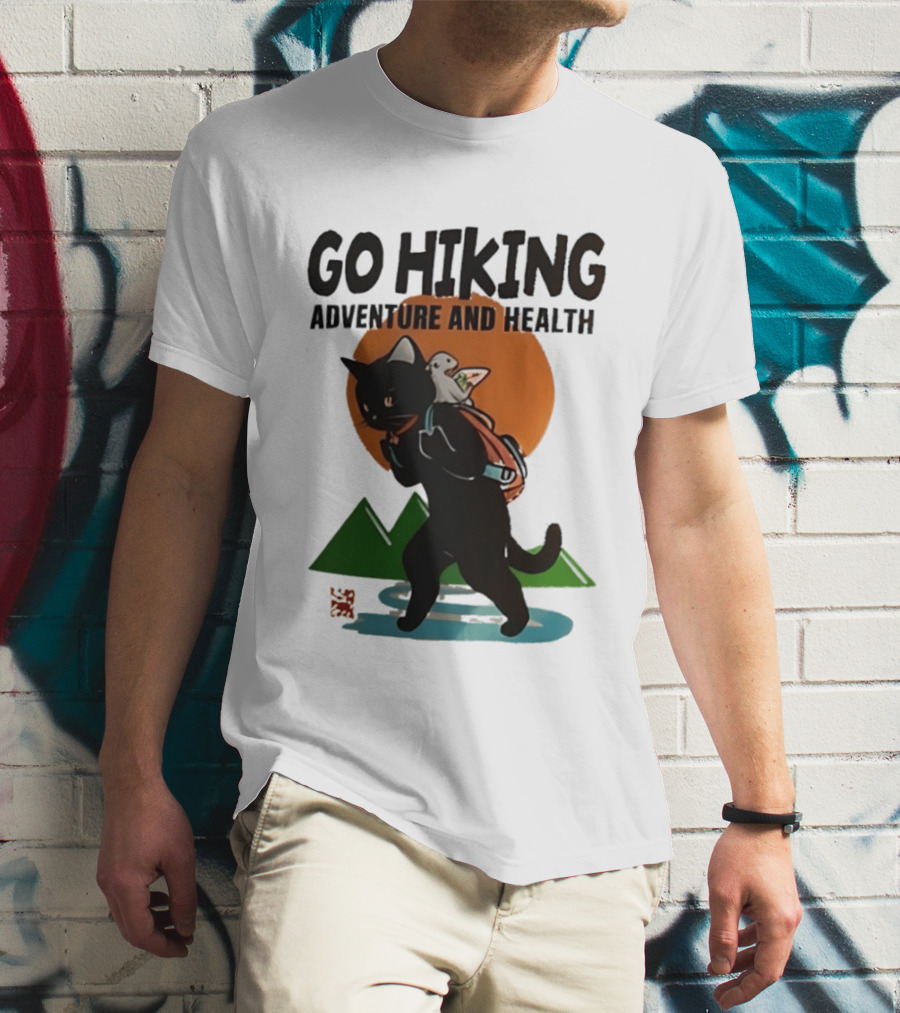 Go Hiking Adventure And Health Black Cat With Backpack And Bird T-Shirt