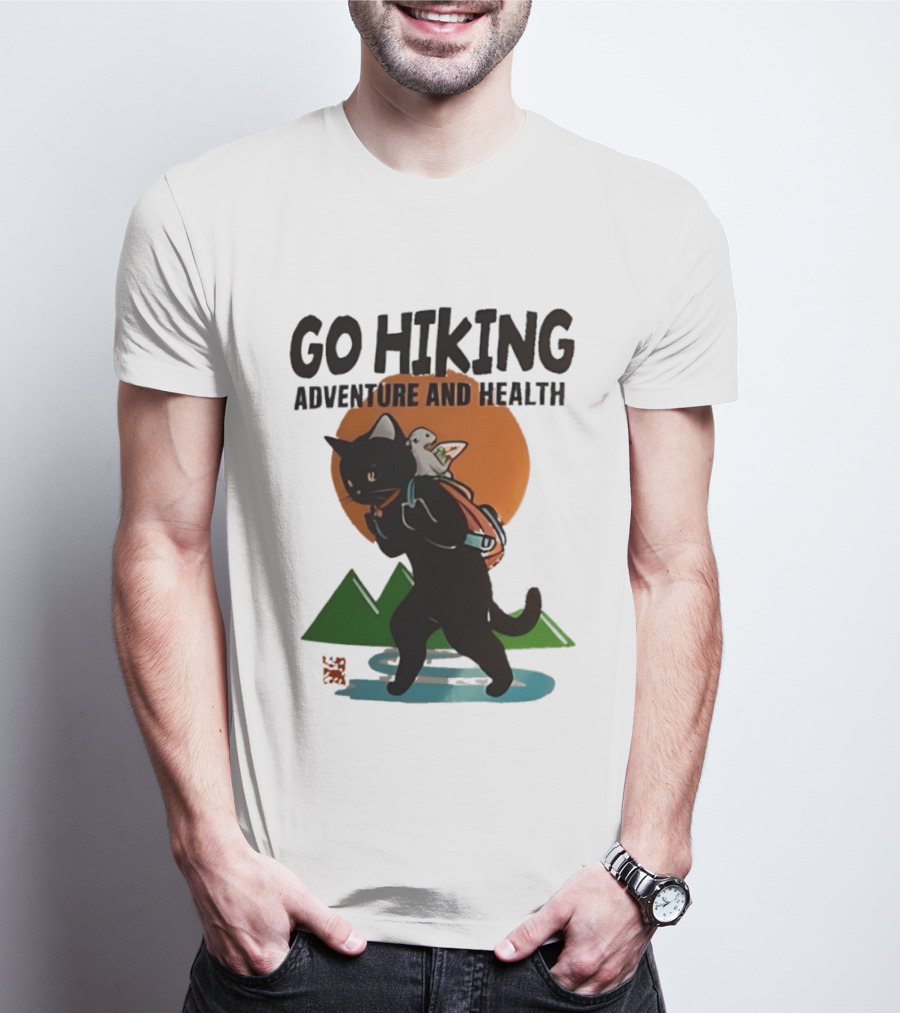 Go Hiking Adventure And Health Black Cat With Backpack And Bird T-Shirt