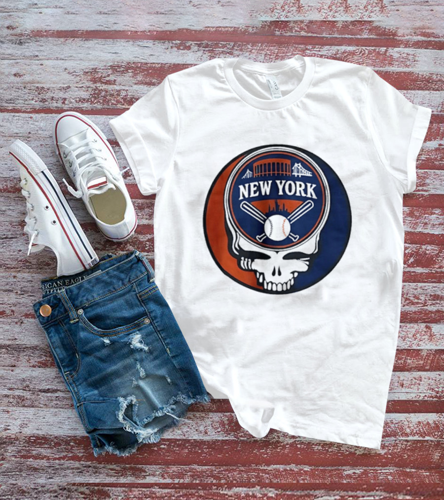 New York Mets Grateful Dead Skull Baseball Orange Blue Stadium T-Shirt