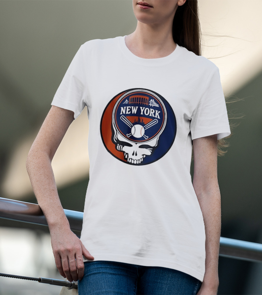 New York Mets Grateful Dead Skull Baseball Orange Blue Stadium T-Shirt