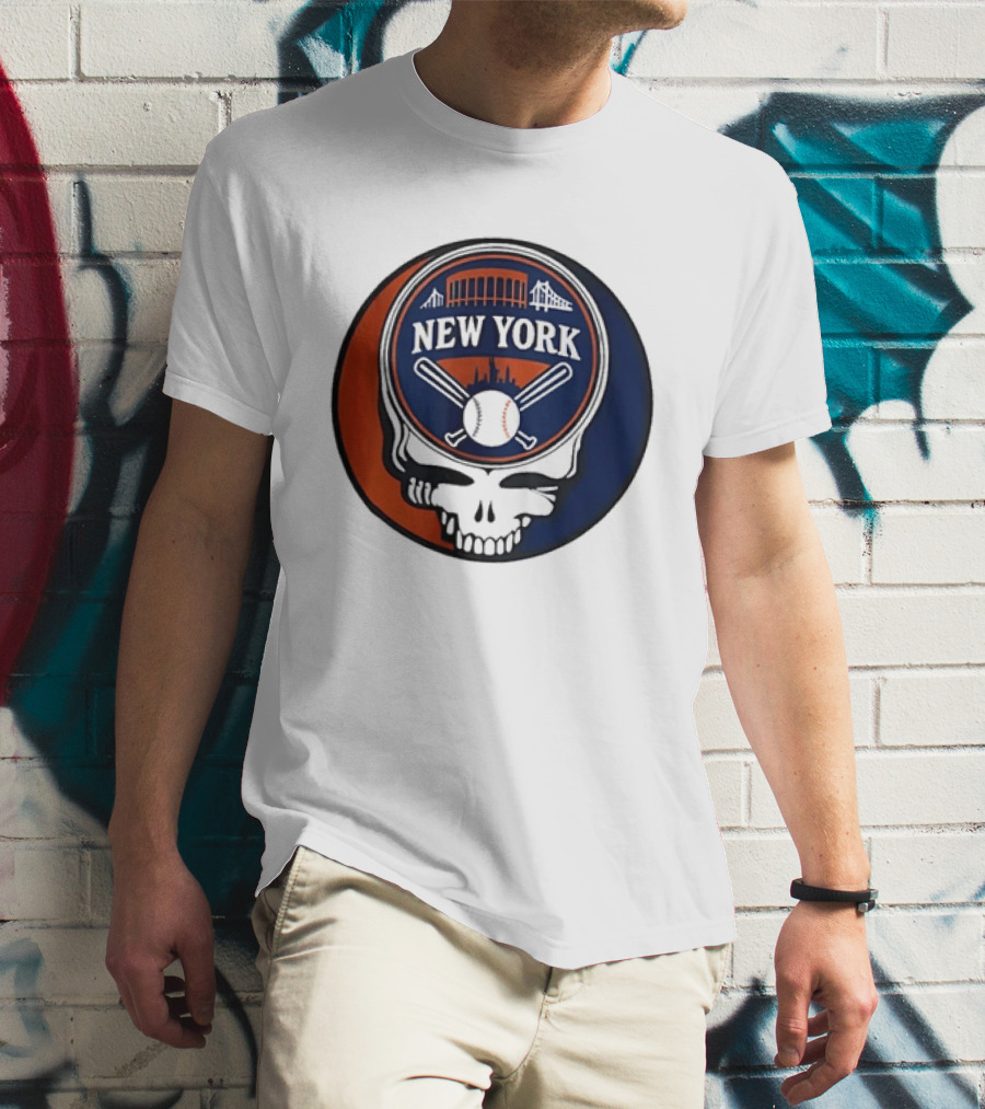 New York Mets Grateful Dead Skull Baseball Orange Blue Stadium T-Shirt