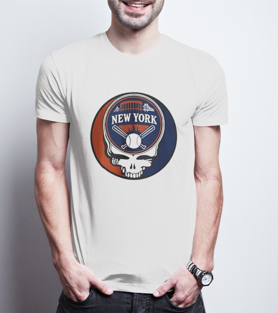 New York Mets Grateful Dead Skull Baseball Orange Blue Stadium T-Shirt