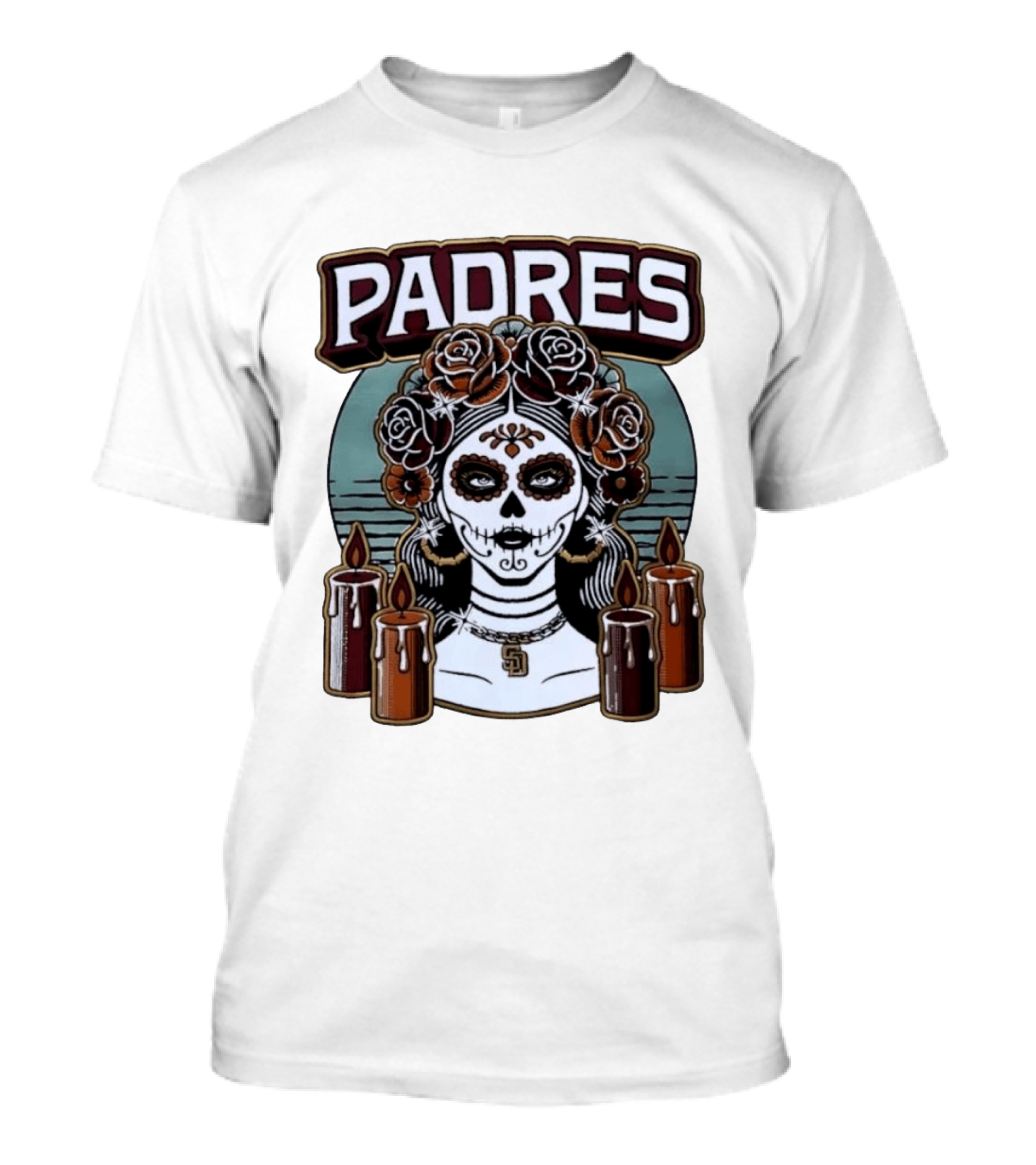 Padres Sugar Skull Woman With SD Pendant And Candles T-Shirt