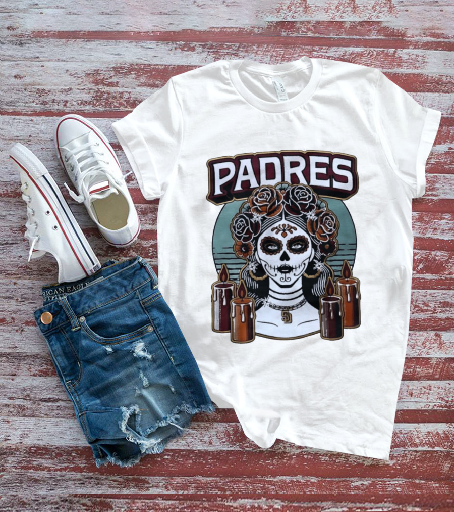Padres Sugar Skull Woman With SD Pendant And Candles T-Shirt