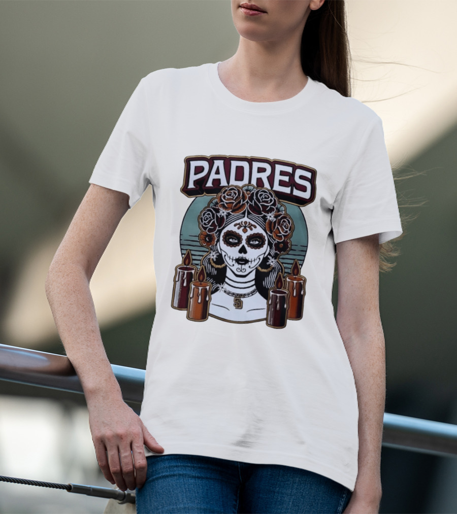 Padres Sugar Skull Woman With SD Pendant And Candles T-Shirt