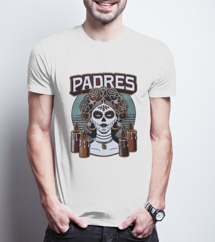 Padres Sugar Skull Woman With SD Pendant And Candles T-Shirt