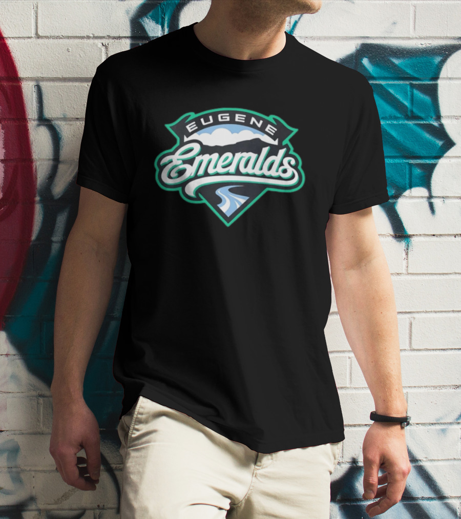 Eugene Emeralds Baseball Team Green Crest With Mountains And River Motif T-Shirt