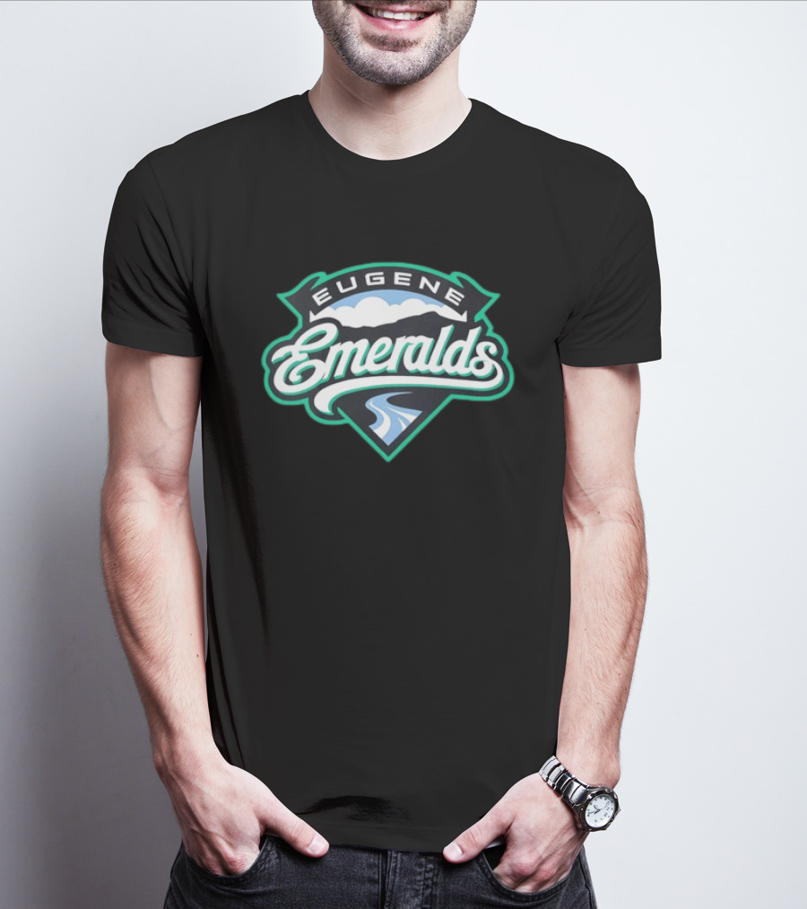Eugene Emeralds Baseball Team Green Crest With Mountains And River Motif T-Shirt