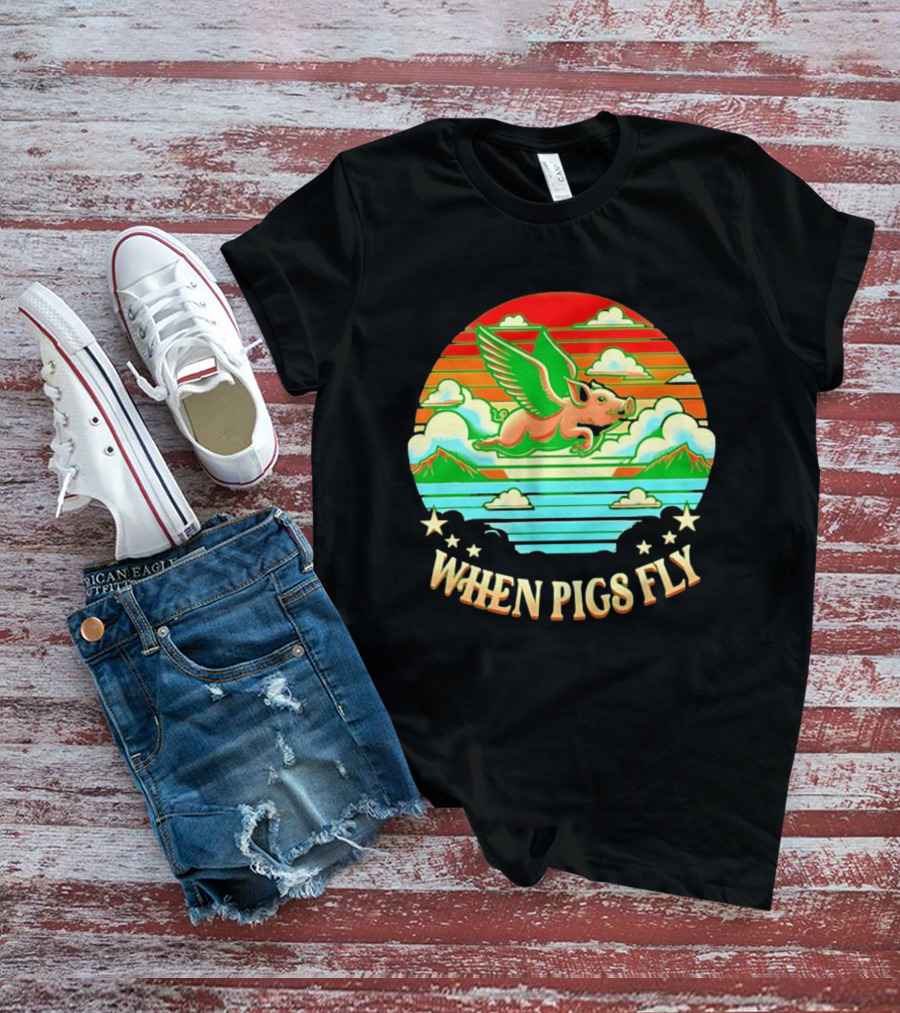 When Pigs Fly Flying Pig Whimsical Clouds And Stars T-Shirt