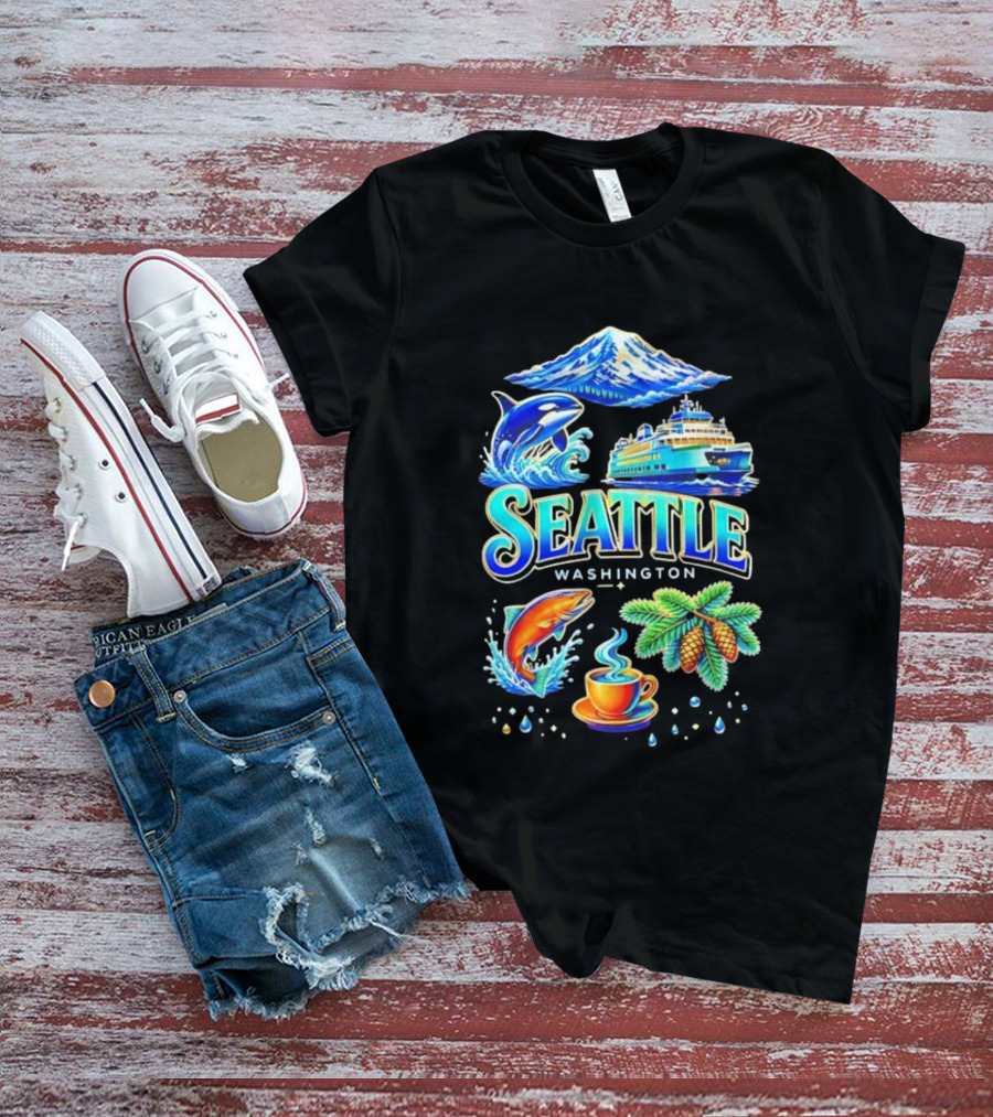 Seattle Washington Orca Whale Ferry Salmon Coffee Pine Cones Mount Rainier T-Shirt