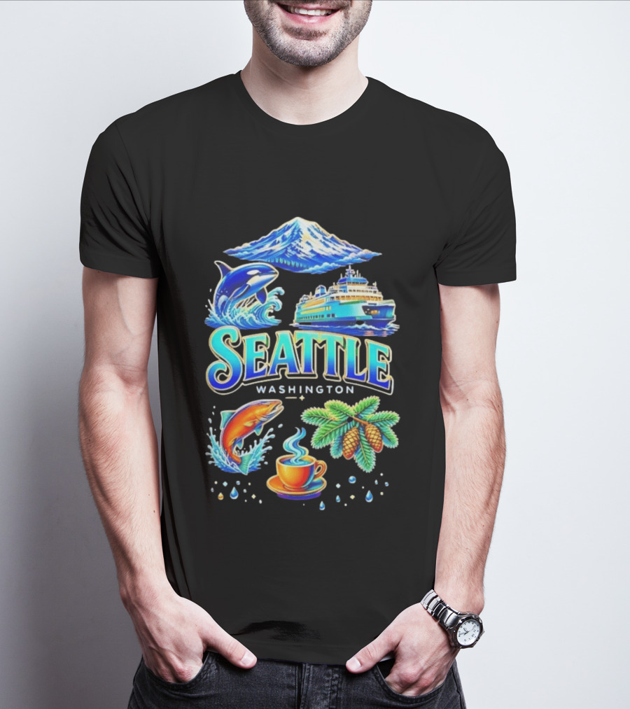 Seattle Washington Orca Whale Ferry Salmon Coffee Pine Cones Mount Rainier T-Shirt