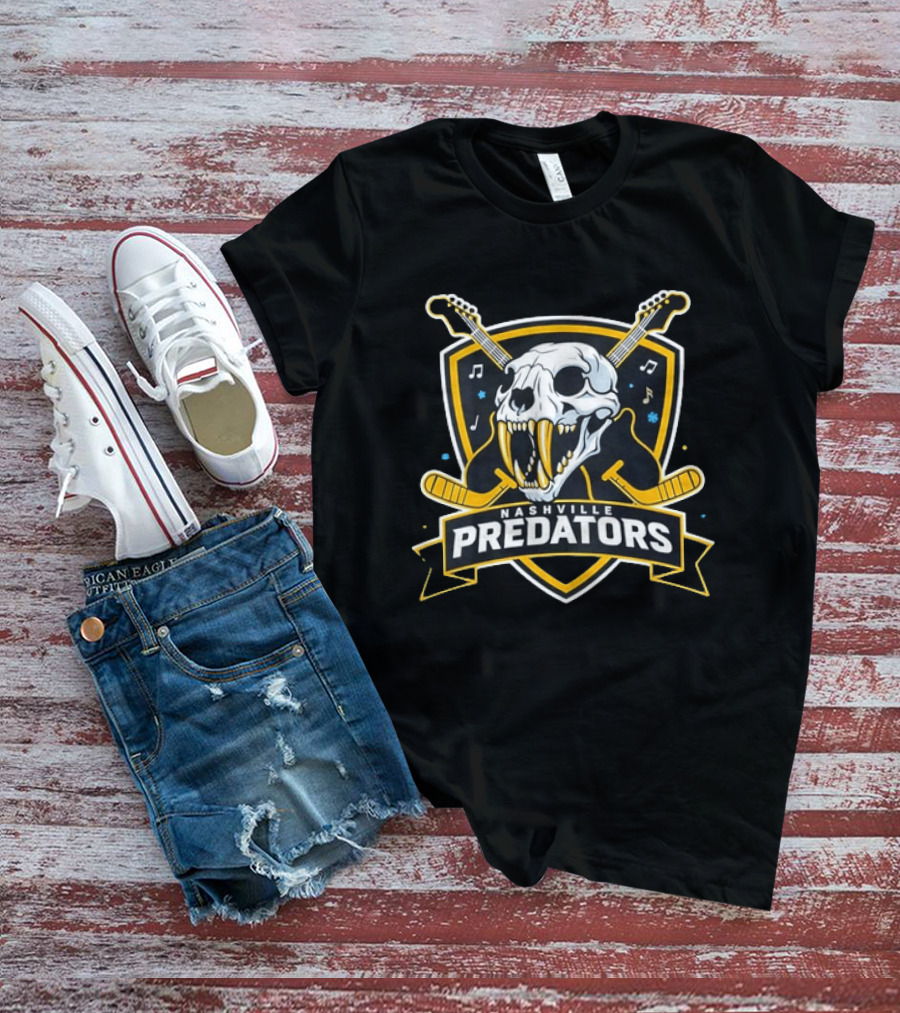 Nashville Predators Hockey Skull With Guitars And Music Notes T-Shirt