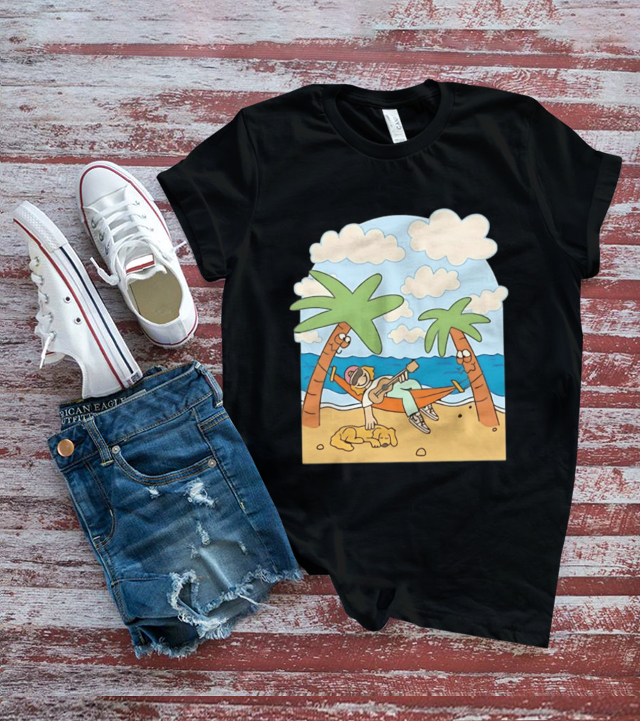 Hammock Guitar Player With Sleeping Dog On Tropical Beach Scene T-Shirt