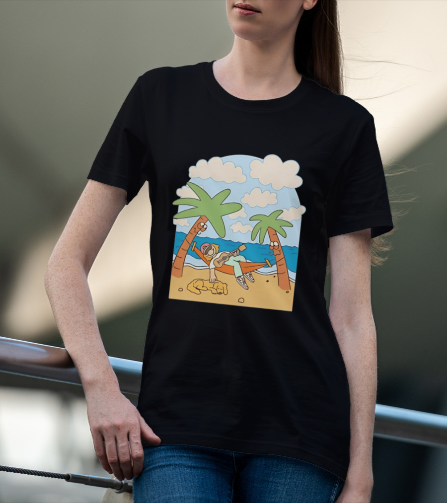 Hammock Guitar Player With Sleeping Dog On Tropical Beach Scene T-Shirt