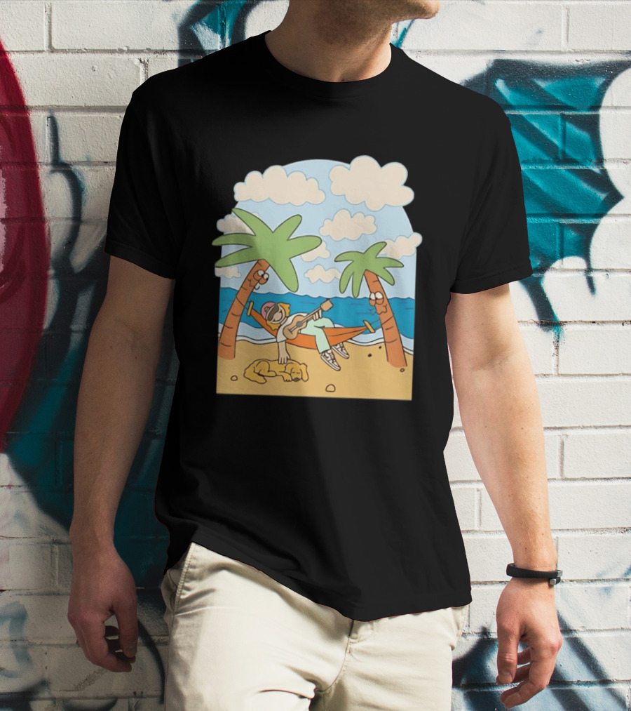 Hammock Guitar Player With Sleeping Dog On Tropical Beach Scene T-Shirt