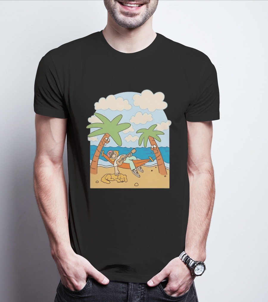 Hammock Guitar Player With Sleeping Dog On Tropical Beach Scene T-Shirt