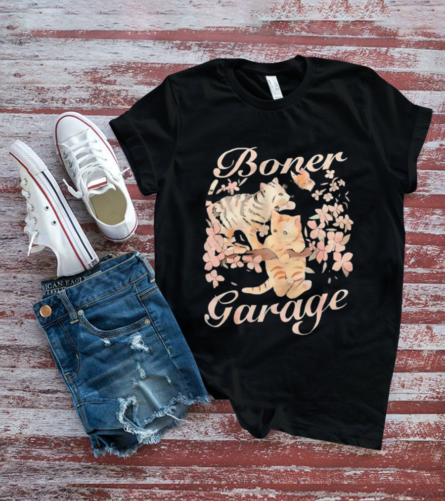 Boner Garage Cats Cherry Blossoms And Butterfly T-Shirt