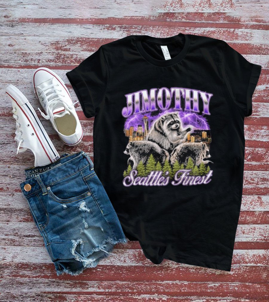 Jimothy Raccoon Seattle's Finest Purple Lightning Skyline And Forest T-Shirt