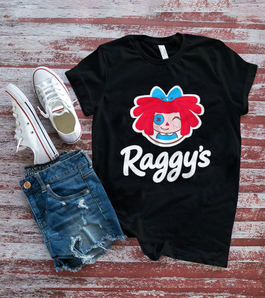 Raggy's Raggedy Ann Cartoon Character Red Hair Blue Bow T-Shirt