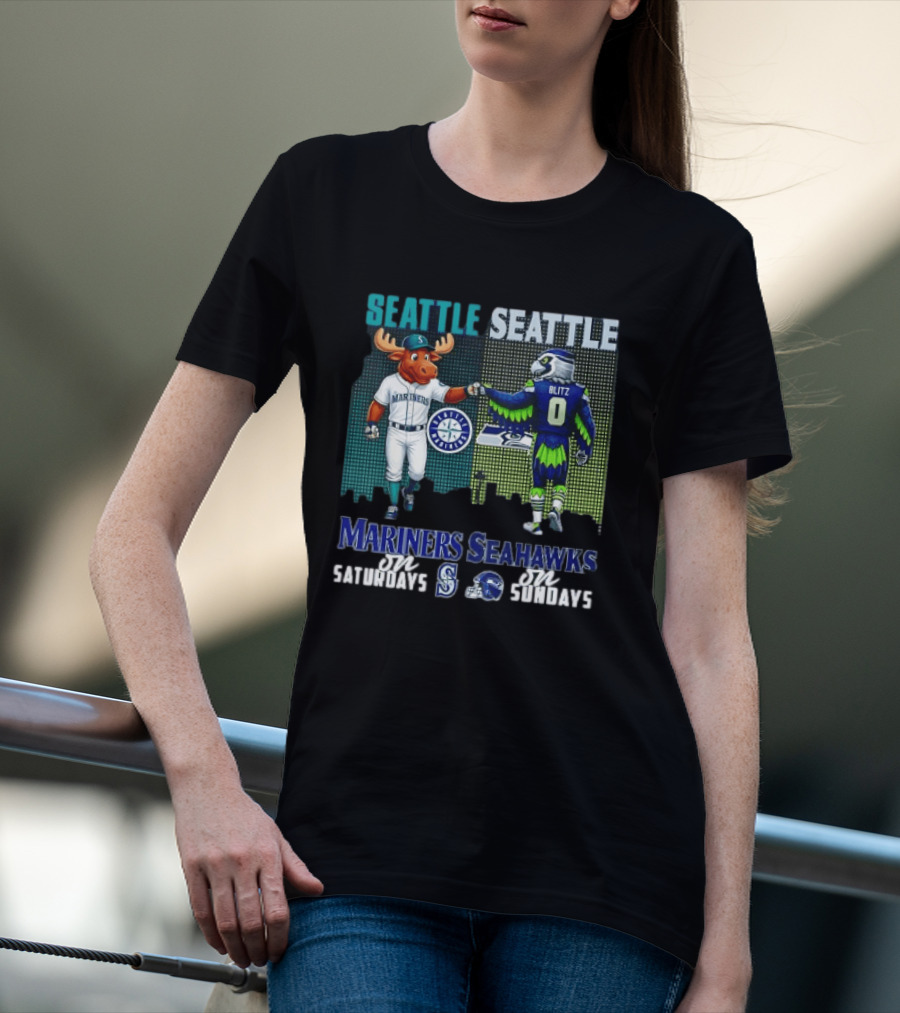 Seattle Mariners Moose And Seahawks Blitz On Saturdays Sundays T-Shirt