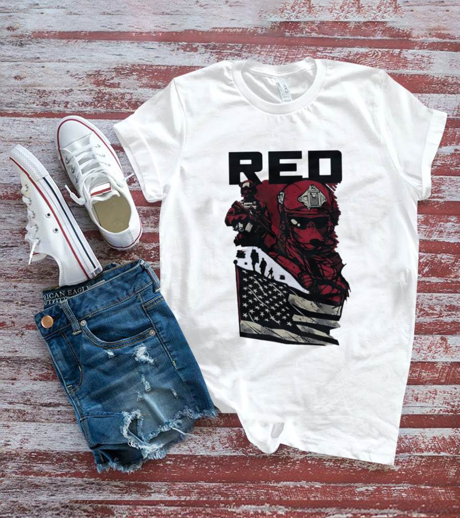 Red Military Special Forces Soldier American Flag T-Shirt