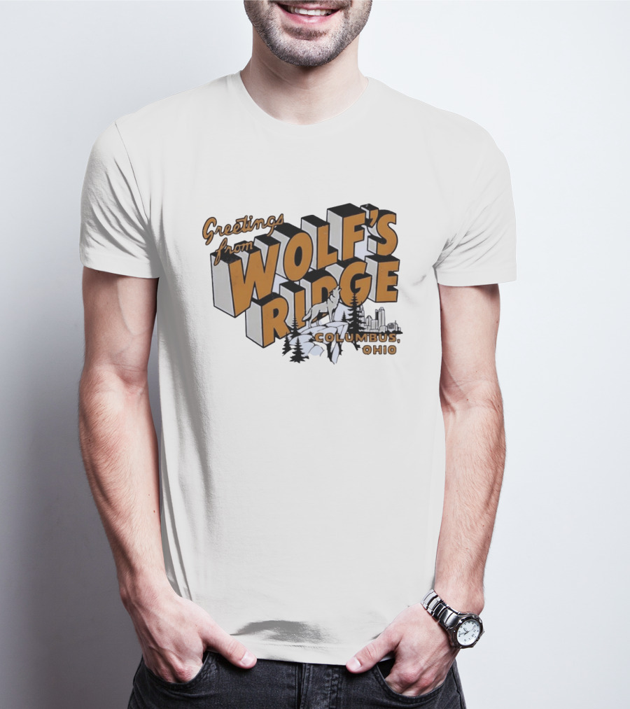 Greetings From Wolf's Ridge Columbus Ohio Wolf And Skyline Scene T-Shirt