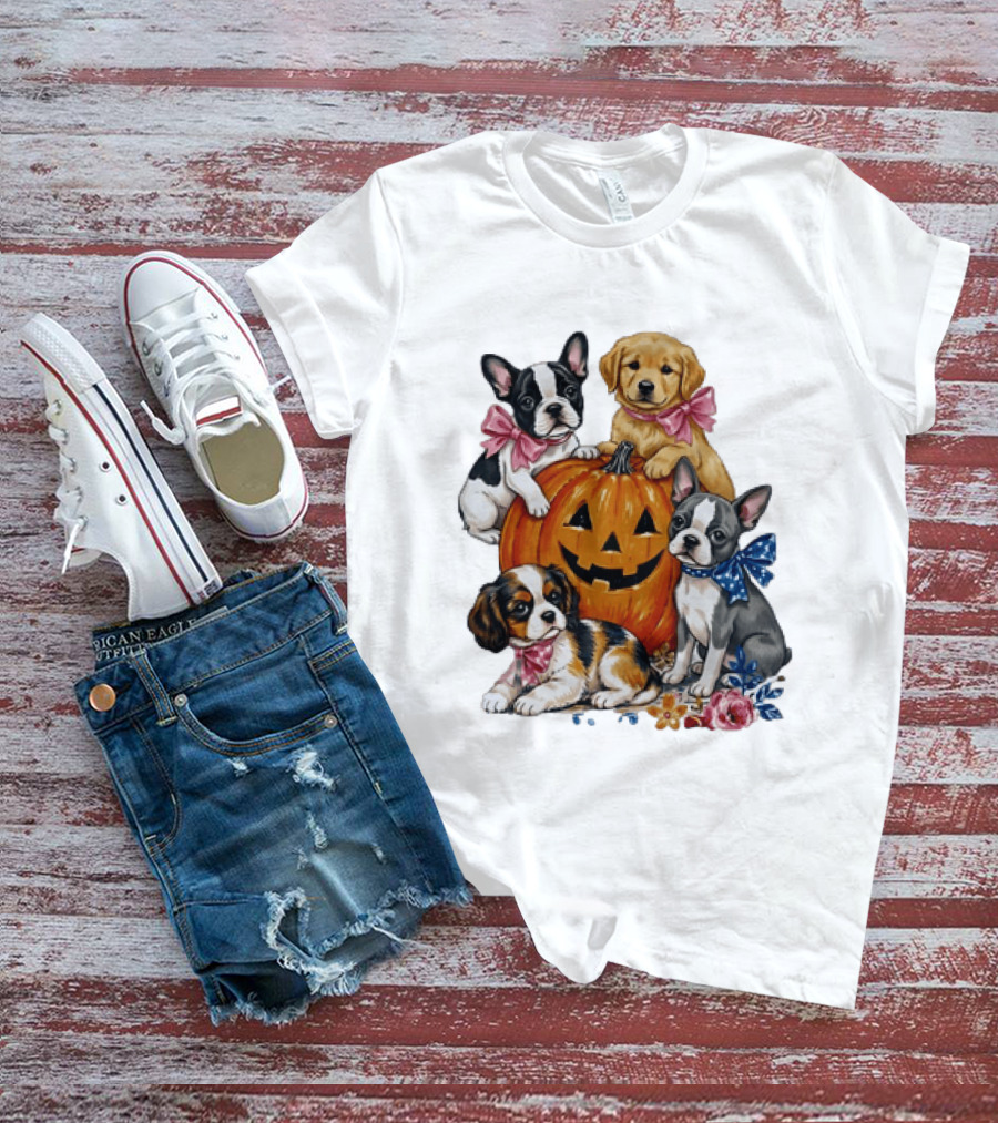 Puppies With Pink And Blue Bows Jack O' Lantern Pumpkin Halloween T-Shirt